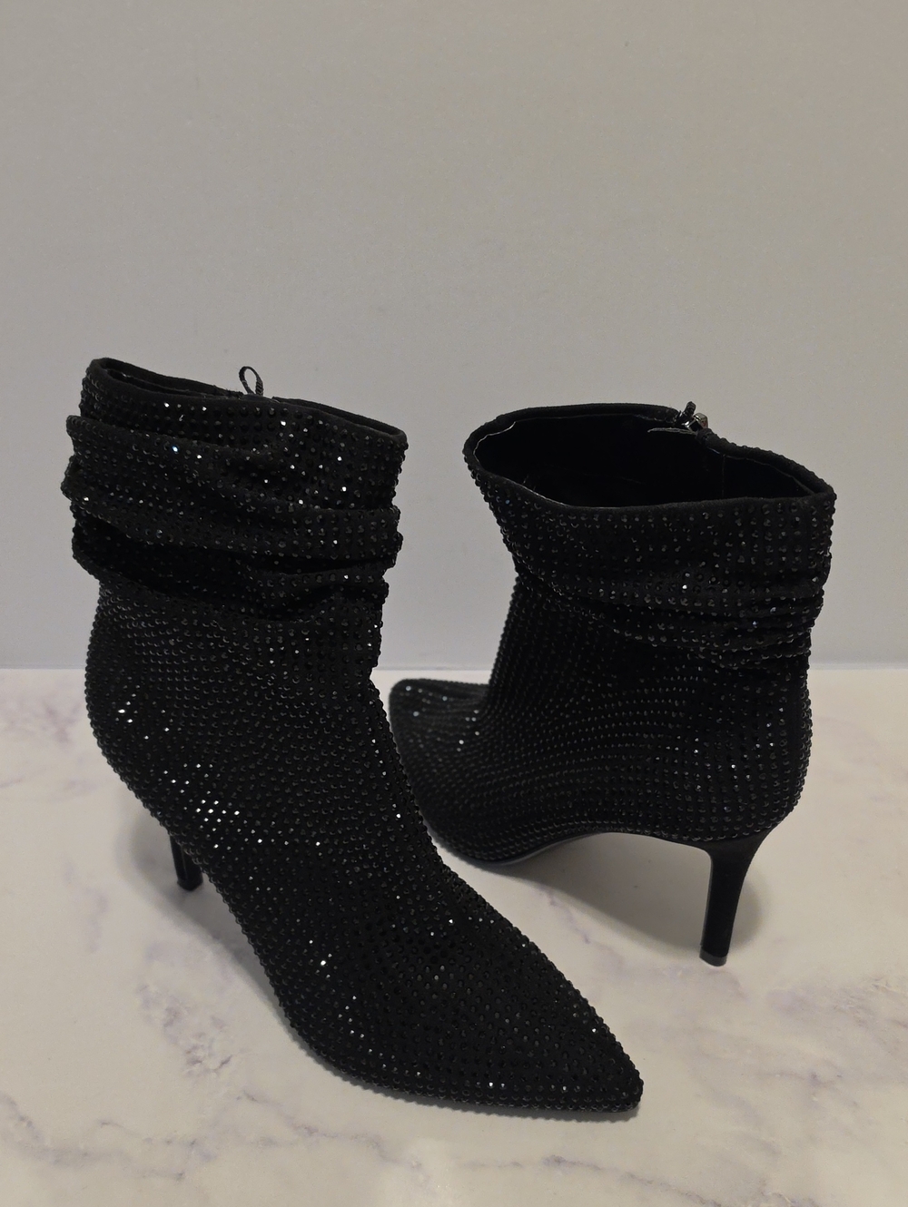 Nine West Black Crystal-Embellished Pointed Toe Ankle Boots Zip